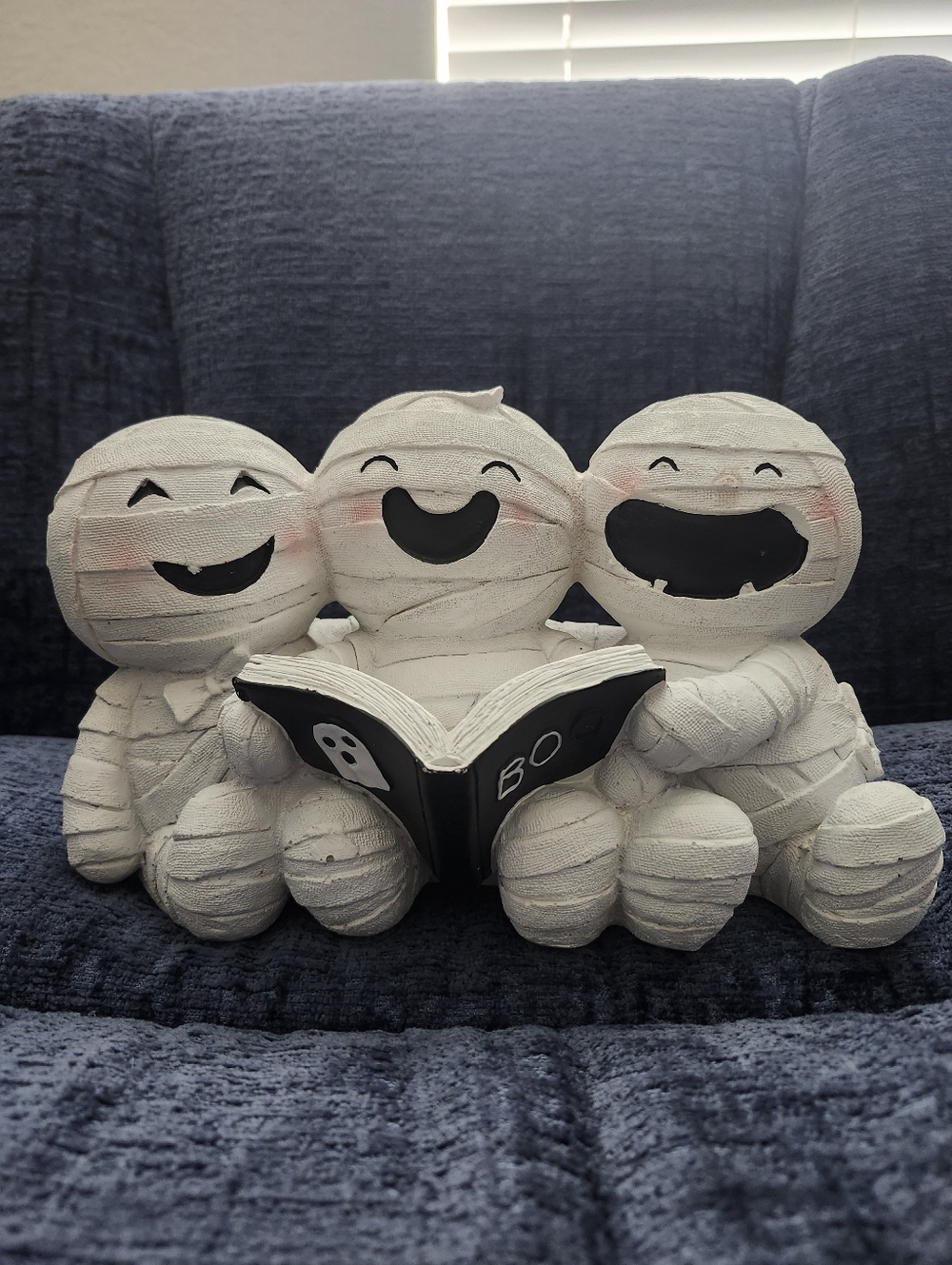Cute Trio Mummy Figurines Reading a 'BOO' Book - White